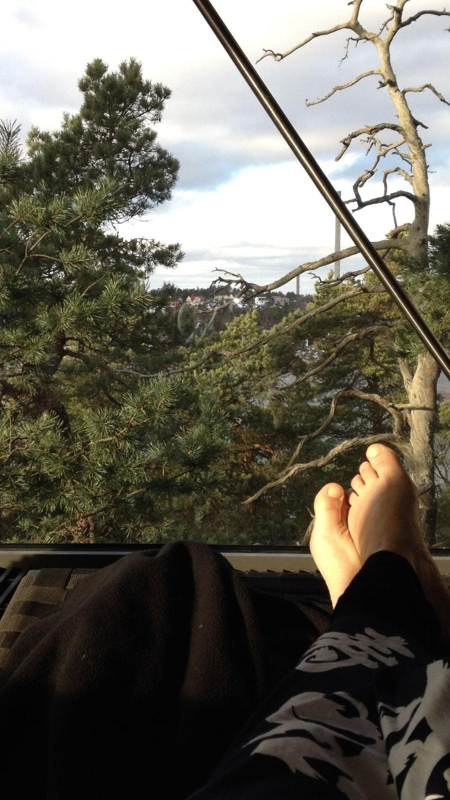 Resting in a hammock, looking out through pines toward a distant coastal town